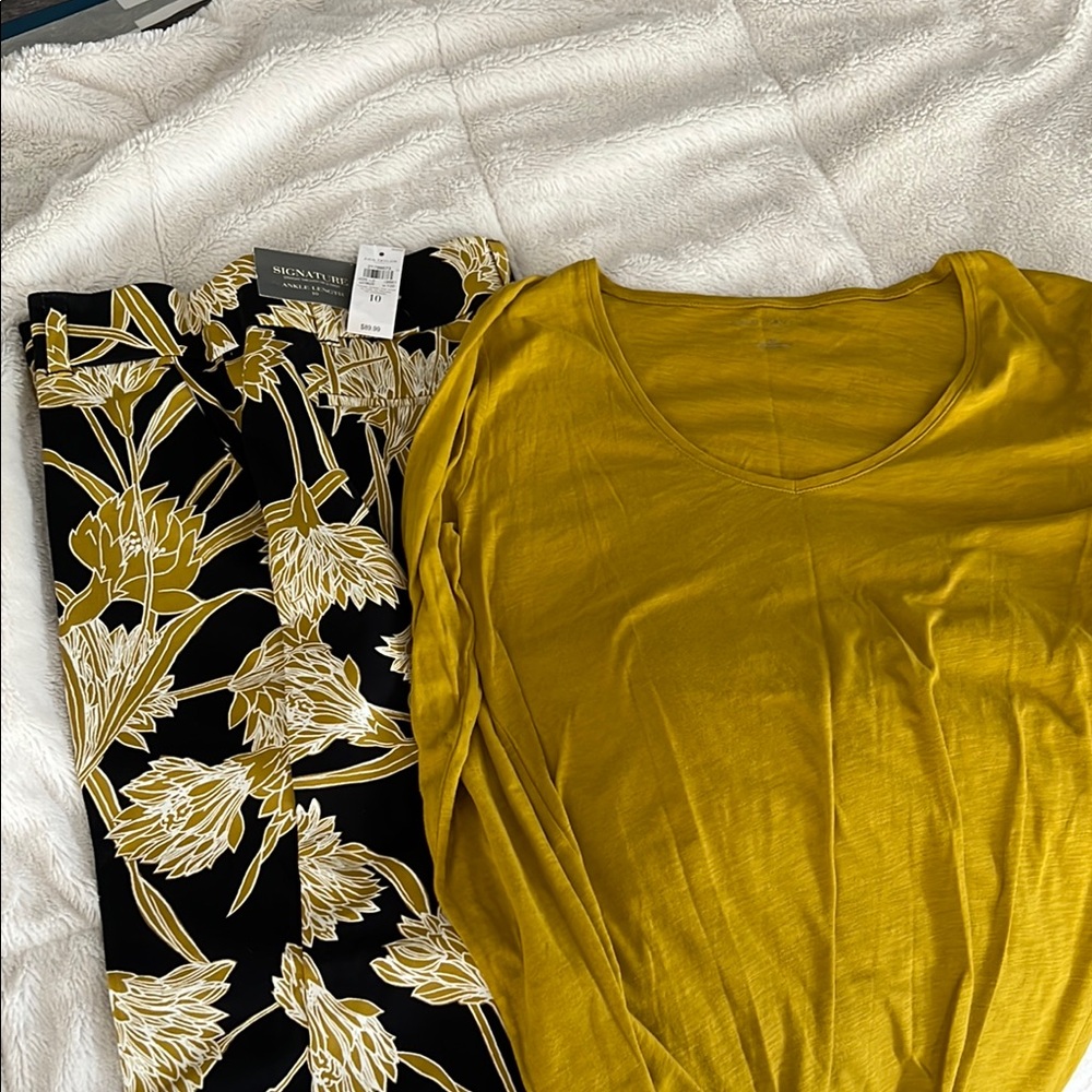 Ann Taylor Yellow-Gold Top and Floral Pants Set - Size 10 Pants and Medium Top
